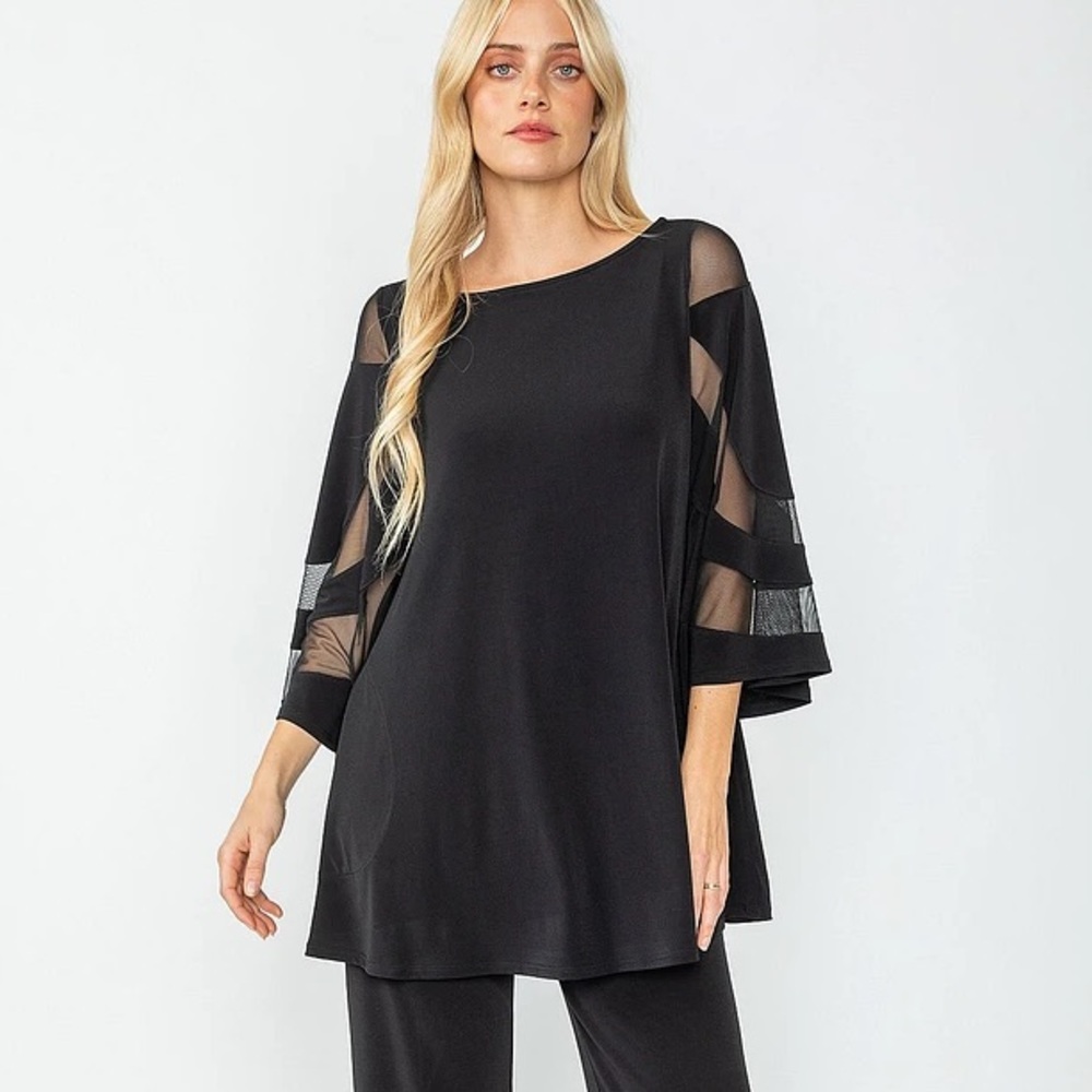IC Collection 3/4 Mesh Bell Sleeve Black Top Sz XL